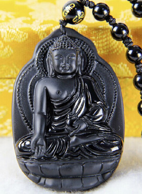 黑曜石磨砂款药师佛挂件项链吊坠