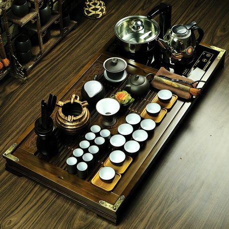 柏木茶盘功夫茶具 电磁炉实木茶盘 电磁炉茶具4合1套装黑檀柏木