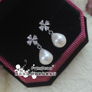 新款四叶草 9mm亮光大颗天然淡水珍珠耳钉耳坠 淑女耳环