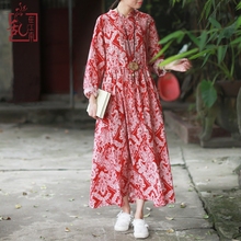 长袖 乱在江南民族风连衣裙夏棉麻女亚麻宽松长裙复古女装 中长款