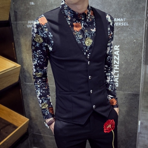 秋冬季男装假两件套装衬衫马甲男韩版加绒加厚修身长袖衬衣青年潮