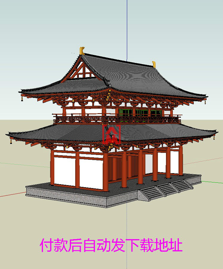 唐代五开间二层重檐歇山顶楼阁楼式唐代古建筑斗拱su草图大师模型