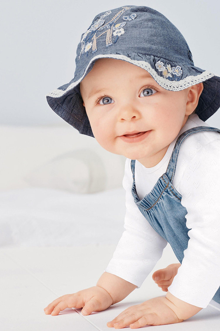 特价清仓英国进口Next 夏女宝宝绣花贴布牛仔百褶边遮阳裙帽 帽子