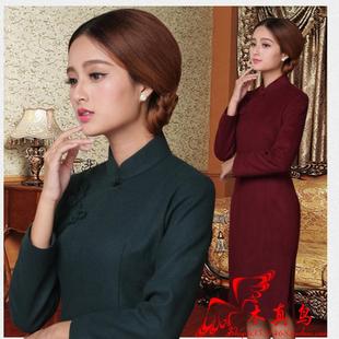 木真鸟2016秋冬复古中长款 妈妈婚礼宴会旗袍 高档羊绒旗袍改良时尚