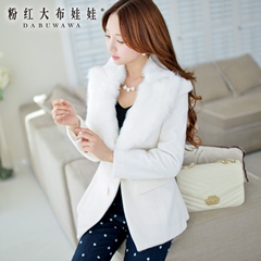 Coat women pink doll 2015 spring white long fur lapel suit wool coat