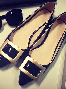 2015秋季新款方扣漆皮浅口尖头平底女式大码女单鞋小码女鞋