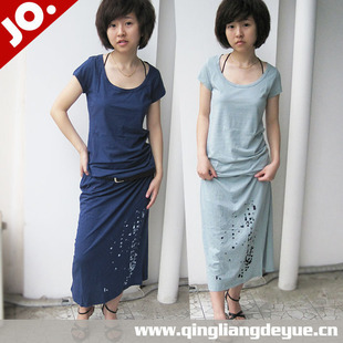 连衣裙过膝长裙修身 裙子韩国小猫纯棉短袖 圆领印花潮 第二件半价