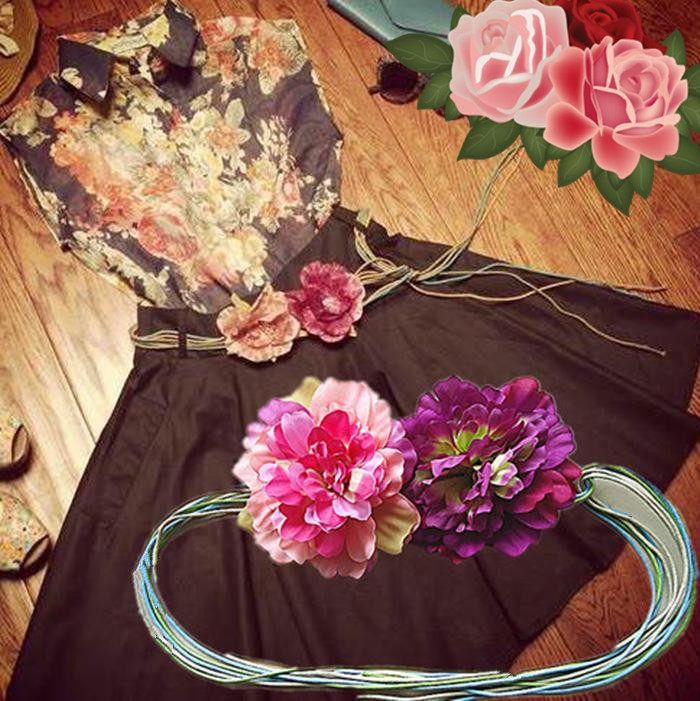 欧洲站2016新款 长裙搭配波西米亚花朵装饰腰绳细腰带女流苏打结