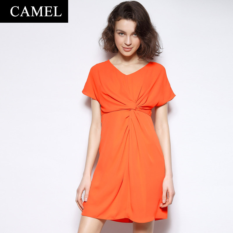 【非卖品】Camel骆驼夏季新款欧美短袖V领雪纺连衣裙女修身显瘦