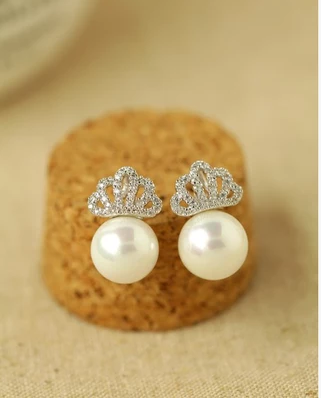包邮皇冠贝母珍珠气质耳钉微镶高档韩版时尚防过敏耳饰品