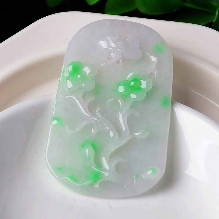 玉石寨玉器 保真老坑冰糯种阳绿梅花挂件a货翡翠蝶恋花玉佩配证书