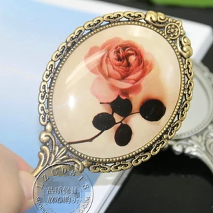 铜镜 随身化妆镜子 银镜 玫瑰花图案 韩国进口小号