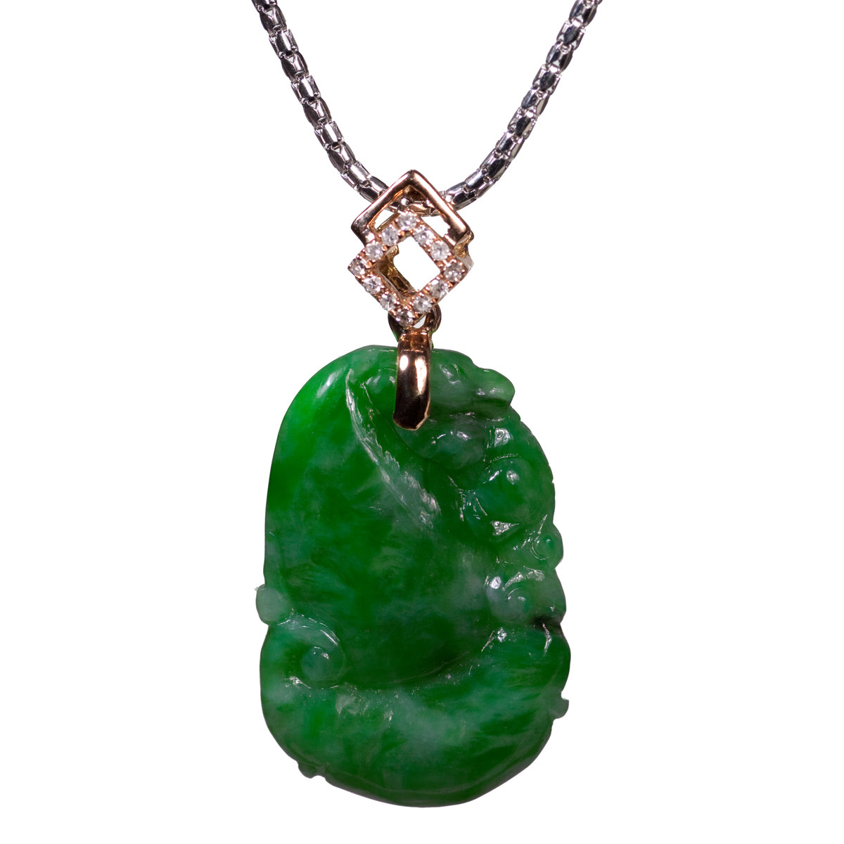 钰达翡翠满绿葫芦项坠 k金镶钻扣 玉葫芦吊坠a货玉挂坠挂件 a6l