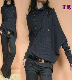 春秋韩版女装针织衫不规则不对称套头毛衣蝙蝠衫打底衫女宽松洋气