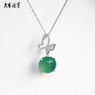 绿玉髓银项链女纯银蝴蝶时尚水晶银镶玉吊坠短款锁骨链子饰品配饰