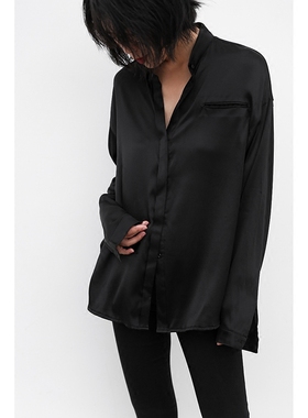 JUZININE原创设计薄款桑蚕丝真丝黑色极简长袖衬衫立领 女宽松bf