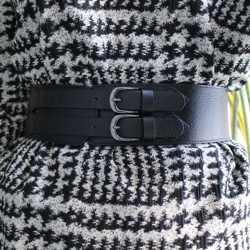松紧弹力黑色真皮配连衣裙腰封