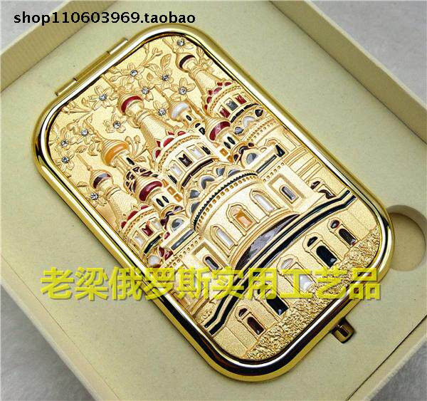 Z3俄罗斯银锡金属双面折叠化妆镜子长方形大号镶钻金色飞花城堡