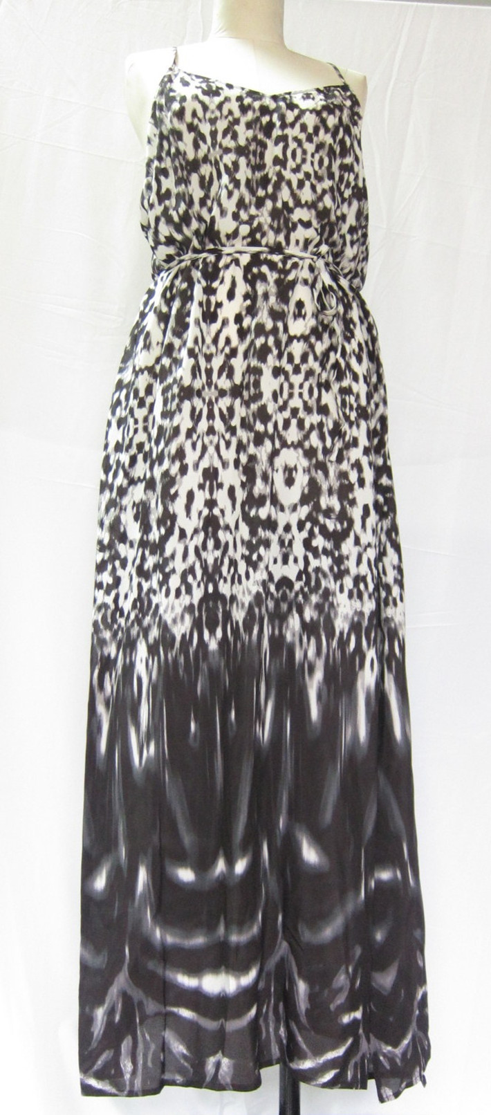 DRESS STORE欧美外贸100%全真丝深灰豹纹吊带长裙裙摆开叉有大码