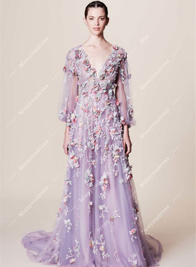 新款紫色V领长袖泡泡袖手工立体花名媛生日年会红毯拍照晚礼服