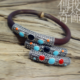 民族风手镯西藏鸡血藤手串古银镶嵌彩色滴油鸡血藤弯管金刚藤DIY