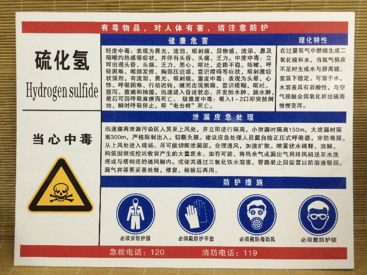 硫化氢 职业病危害告知卡铝板45*60小心化学品标志牌警示标识订做
