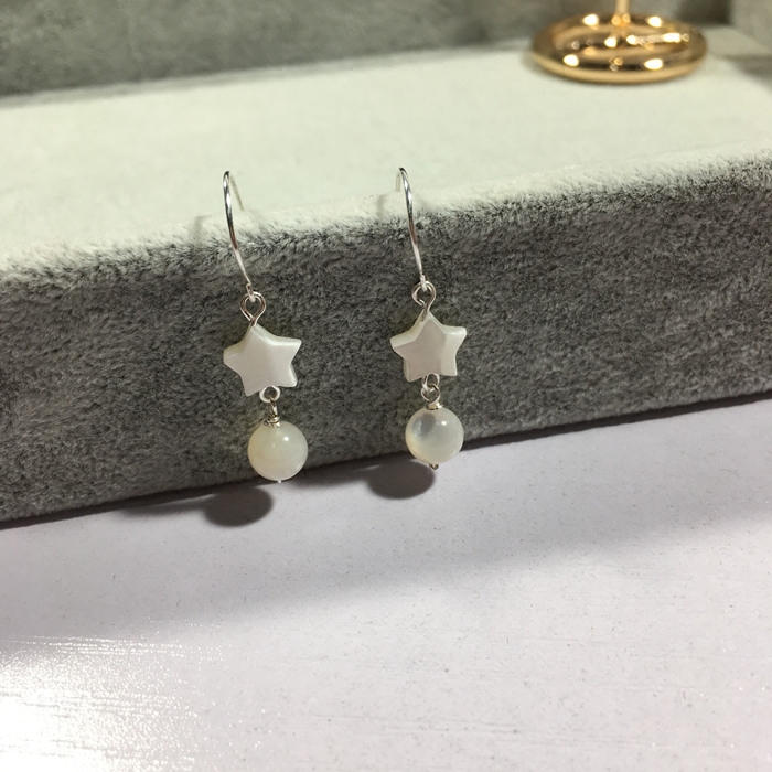 手工甜美天然贝壳星星长耳坠999足银纯银米色耳环女养耳防过敏