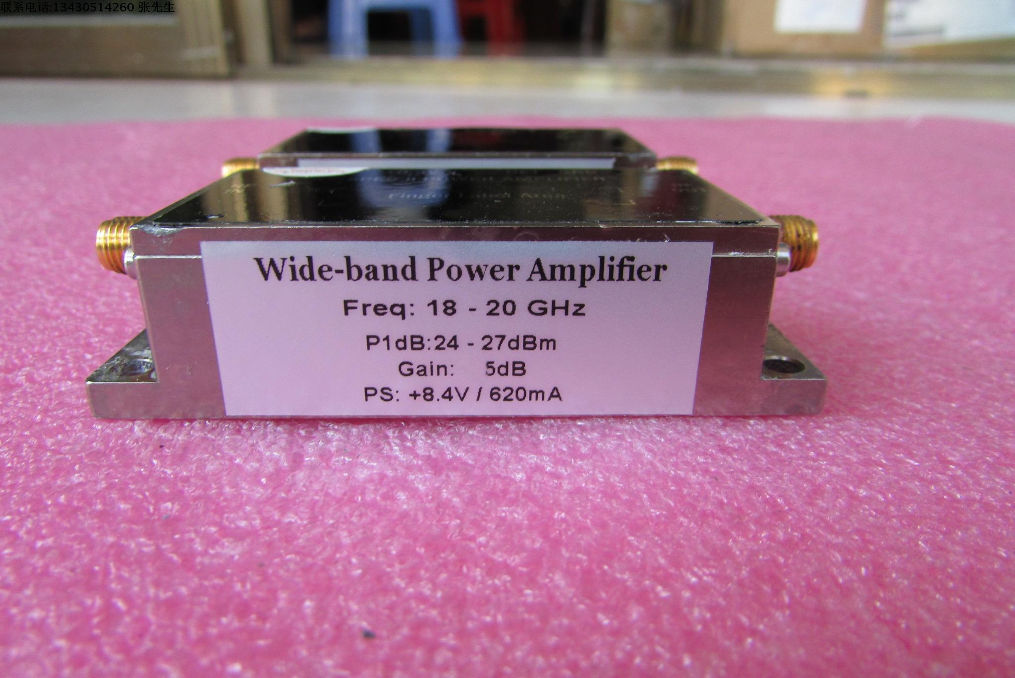 美国进口 18-20GHz 24-27dBm SMA 射频微波中功率放大器 质量包好，包能用 可提供详细测试图 工作频率：18-20GHz 增益: Typ 5dB  输出功率: 24-27dBm 工作电压：+8.4V  / 电流大约：620mA 左右 功能，1：检波输出; 2：输出内置隔