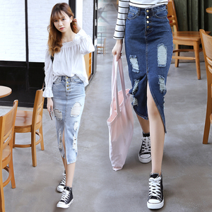 【实拍】韩版实拍高腰百搭直筒磨破洞下摆开叉牛仔裙半身裙2017