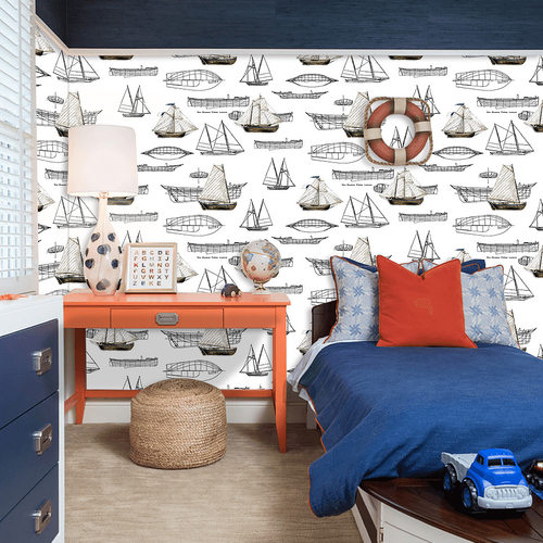 儿童房墙纸男孩帆船温馨英伦地中海卡通背景墙服装店幼儿园壁纸