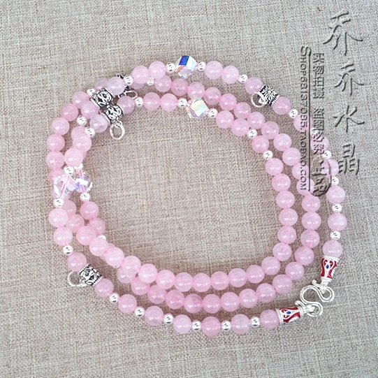 天然粉水晶项链 S925纯银配件银色六挂泰国佛牌毛衣挂链可定制