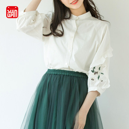 SUIN2026春夏新文艺宽松韩版七分长袖衬衣荷叶边绣花立领白衬衫女