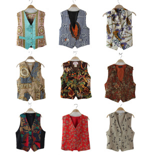 vintage古着马甲孤品日本意大利制民族风复古马夹 巴洛克宫廷印花