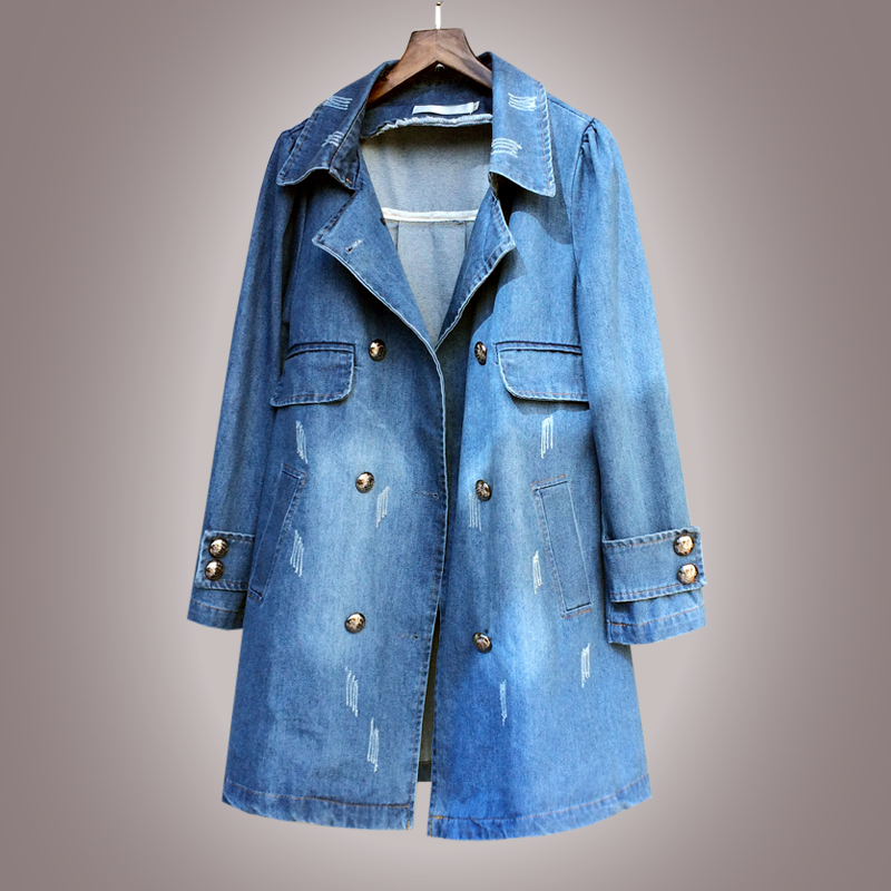 欧美潮春秋装新款牛仔风衣女式韩版a字显瘦长袖双排扣中长款外套