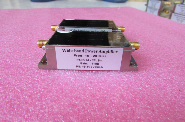 美国进口 15-20GHz 24-27dBm SMA 射频微波中功率放大器 质量包好，包能用 可提供详细测试图 工作频率：15-20GHz 增益: Typ 11dB 输出功率: 24-27dBm 工作电压：+8.4V / 电流大约：730mA 左右 功能，1：检波输出; 2：输出内置