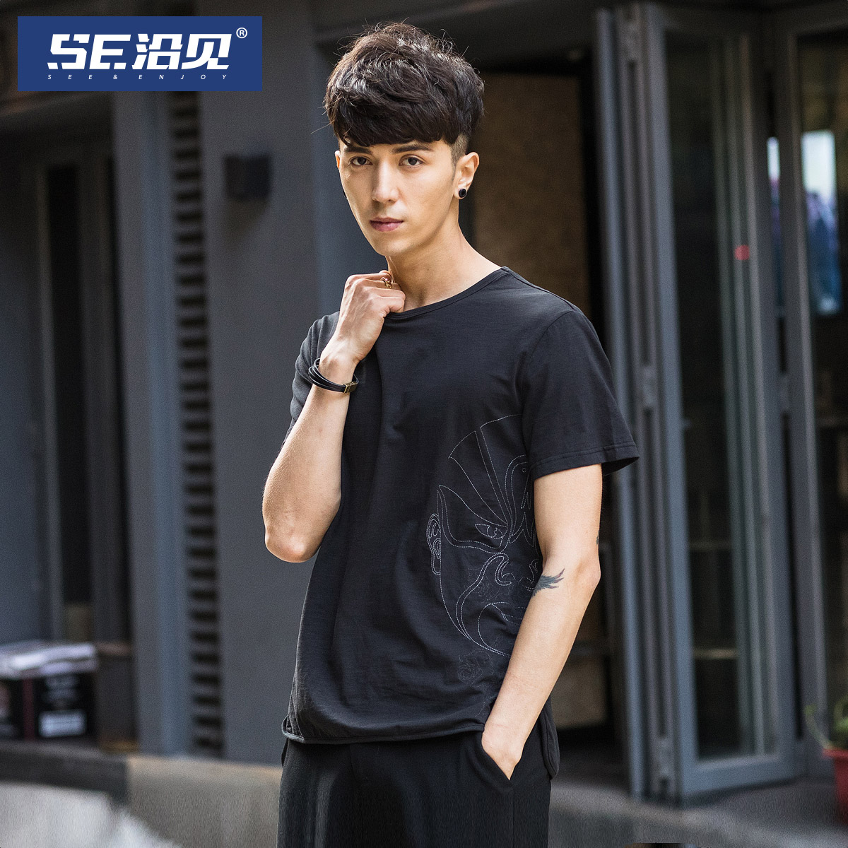 【買一送一】SE沿見港風潮牌男裝2018夏季短T圓領男T恤短袖打底衫