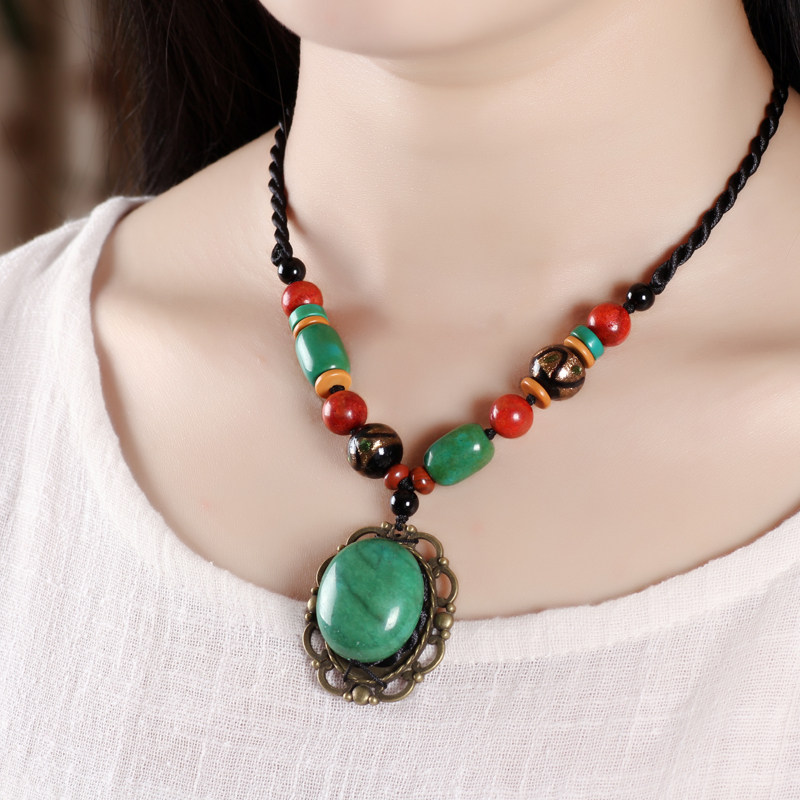 欧美范大气民族风松石项链女锁骨链颈链复古优雅时尚吊坠个性棉麻