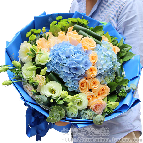 绣球2枝 香槟玫瑰19朵 钱串子 洋桔梗 雏菊 适合送男性 长春鲜花