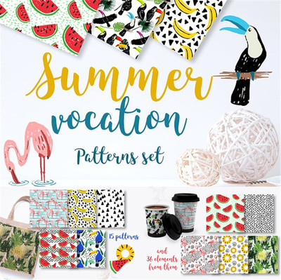 A0182矢量AI设计素材 热带植物印花四方连续图鹦鹉火烈鸟西瓜棕榈