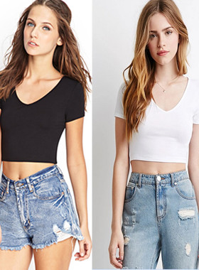 白色紧身短款纯棉t恤 韩版纯色V领短袖体恤女夏高腰露脐学生上衣