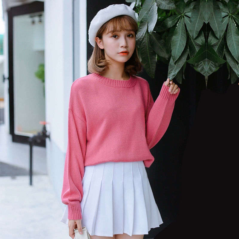 Çï¼¾º«°æÐ¿îÅ®×°¿íËÉÏÔÊݼòÔ¼´¿É«°Ù´î³¤Ðä´òµ×ÕëÖ¯ÉÀëÒÂŮѧÉú