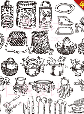 黑色单色卡通手绘家庭厨房器物厨具AI矢量图平面设计素材AL4
