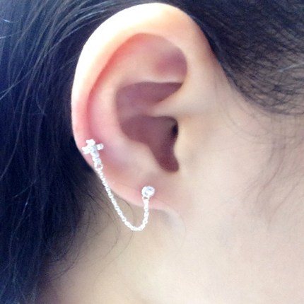 欧美两个耳洞纯银耳钉连体气质韩国耳链女不对称耳环防过敏短耳线