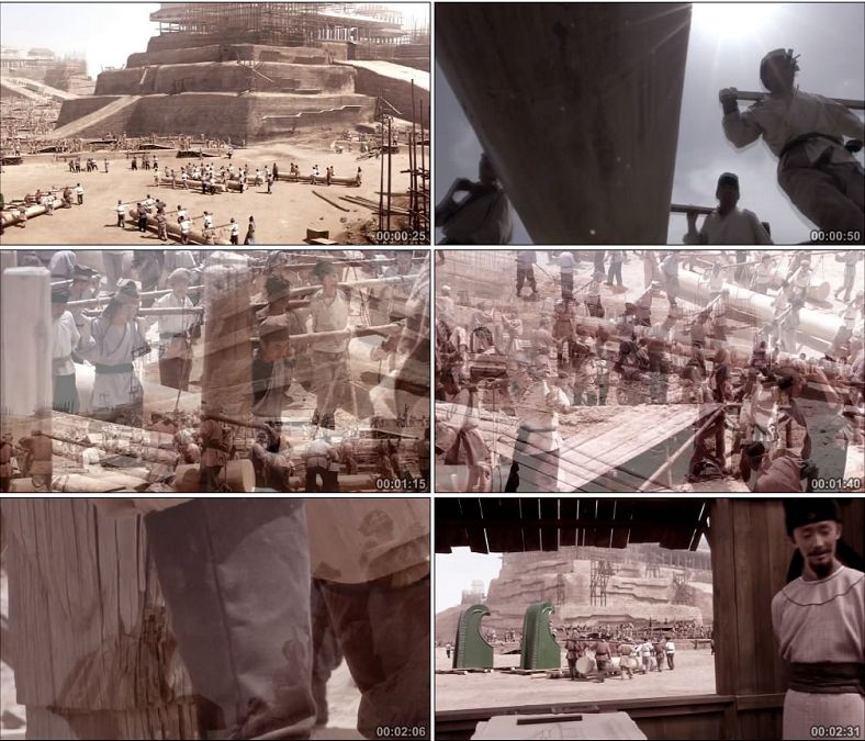 中国古代建筑修建大明宫打夯建筑工人/高清实拍视频素材