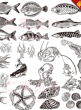 黑色单色卡通手绘鱼类海鲜螃蟹章鱼虾海螺AI矢量图设计素材AL10