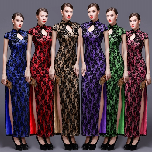 Эластичное кружевное длинное ципао в форме капли, вечернее платье