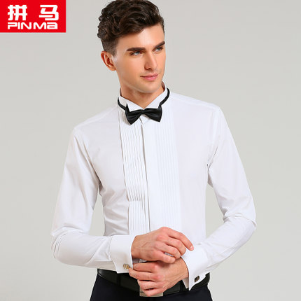拼马纯色衬衫韩版新郎结婚迎宾演出礼服男士衬衣送领结燕子领法式