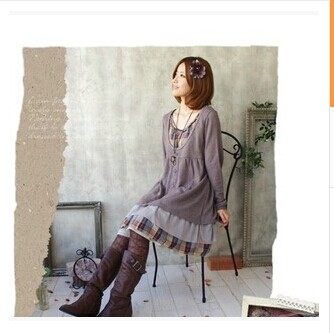 女款全棉针织连衣裙 打底裙 韩版女深林系休闲棉布拼接格子连衣裙