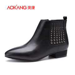 Aokang shoes autumn 2015 new leather pointed boots side zipper low in England with rivet short boots women