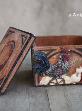 外贸出口样品 美式乡村树脂仿木雕刻复古做旧动物家居装饰盒摆件